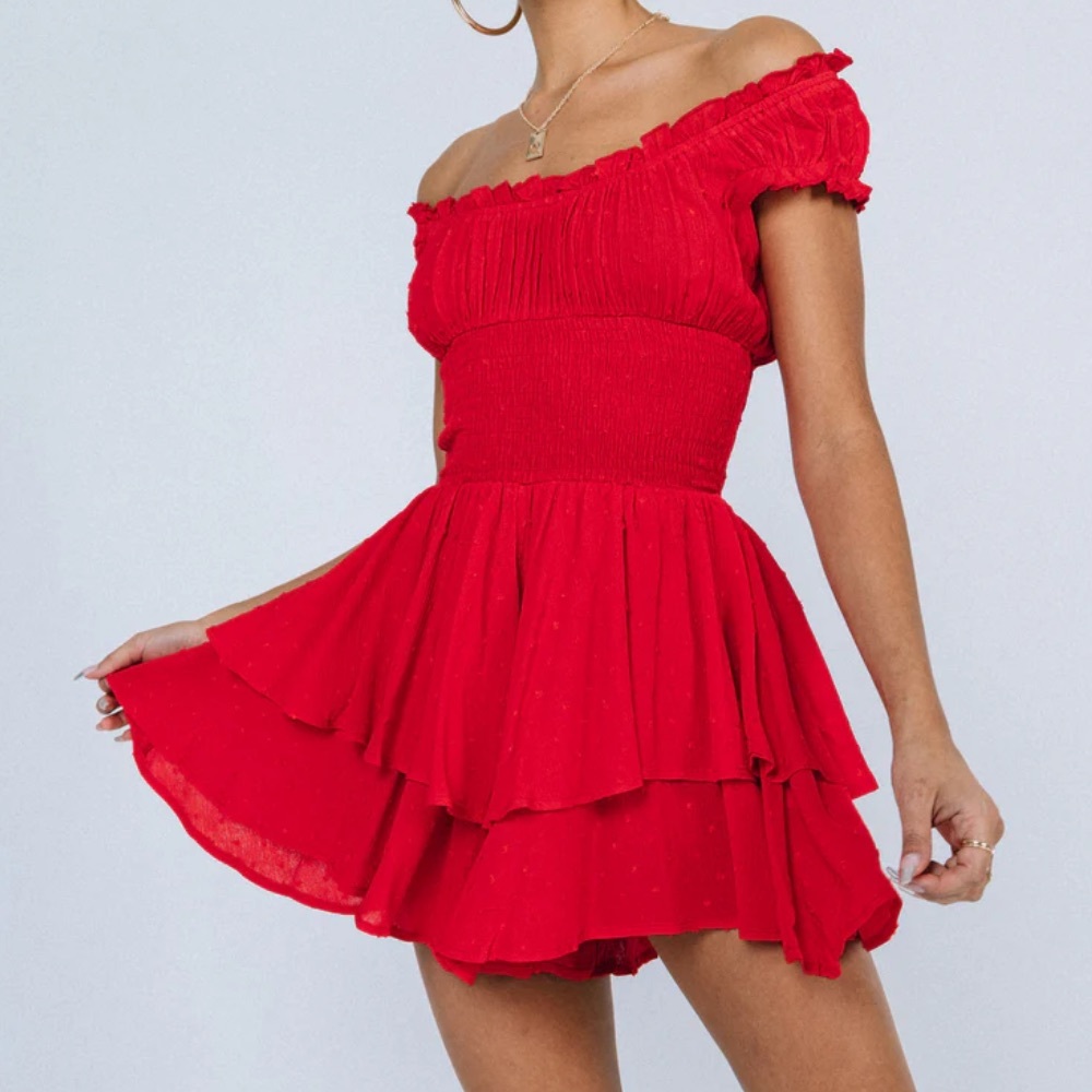 Princess Polly red ruffle romper with a flirty, flowy fit #flirtydress